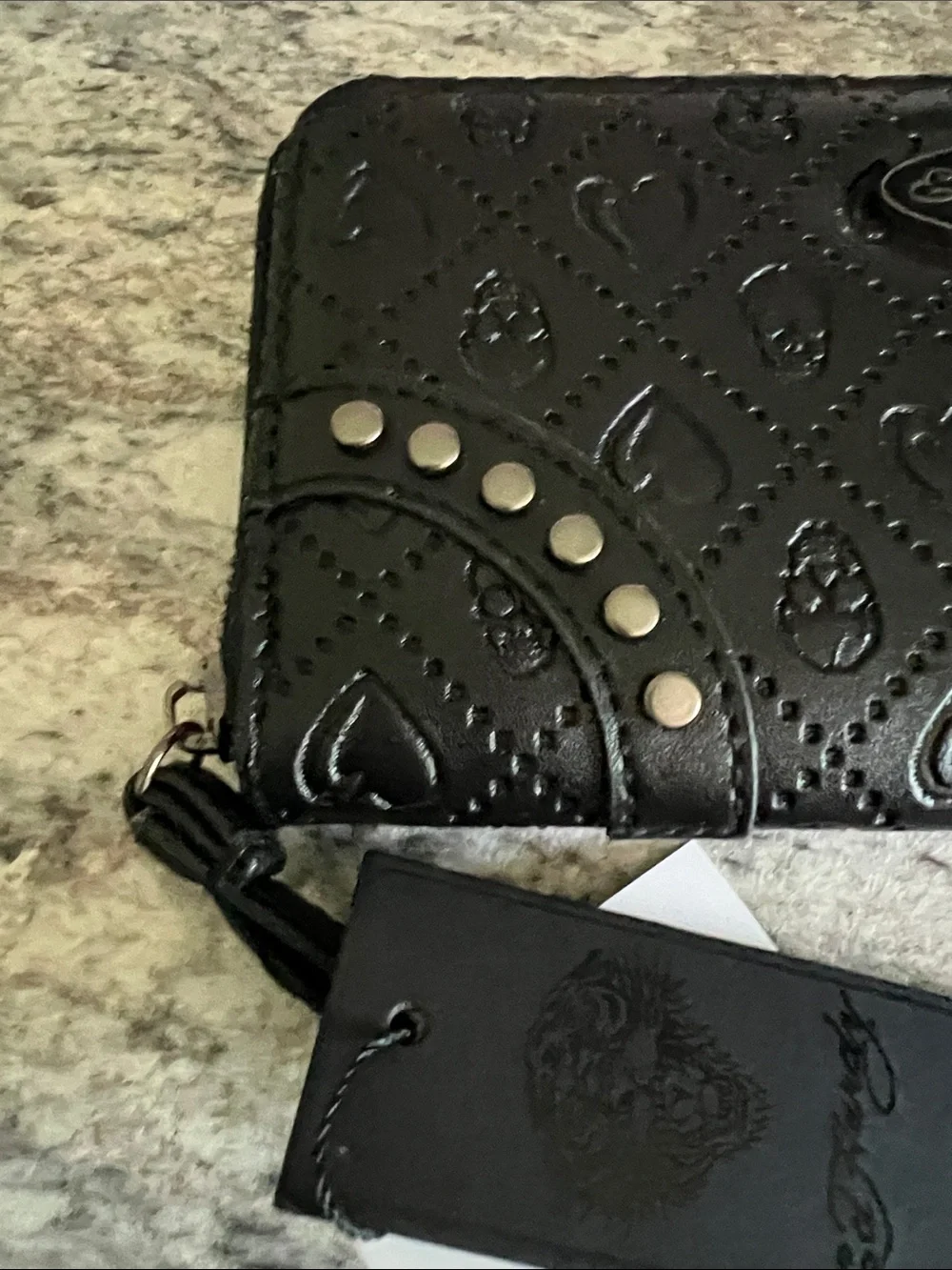 Ed Hardy Black Embossed Heart Zip-Around Wristlet Wallet NWT